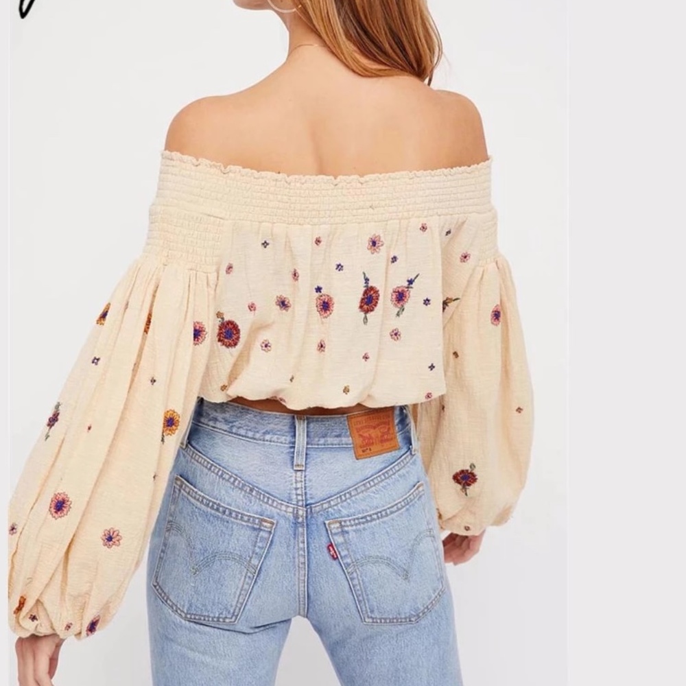 Boho cream off shoulder linen embroidered Top - Picture 4 of 6